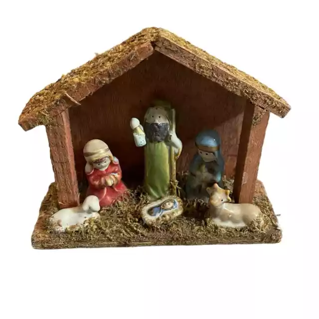 Vintage Nativity scene 6 porcelain figures wood stable miniature