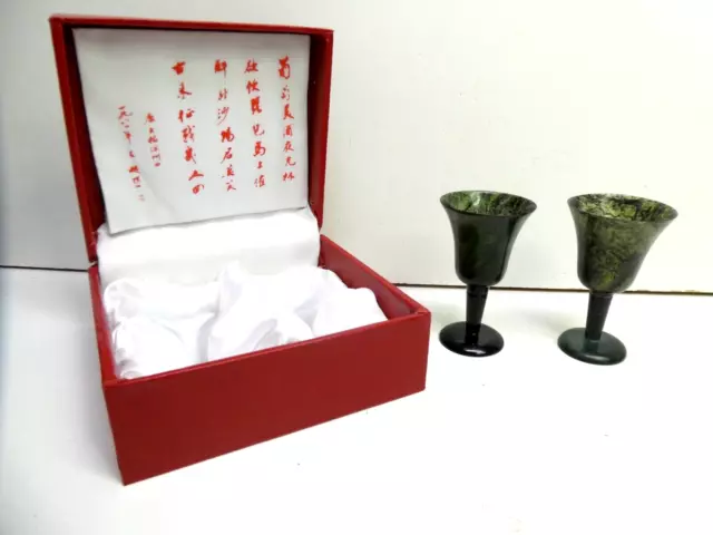 Vintage Chinese Jade Translucent Luminous Jade Stem Wine Glasses In Box