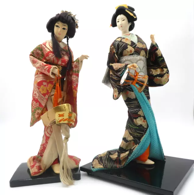 Vintage Japanese Geisha Doll In Traditional Kimono Set Of Two W/ Drum Head Dress