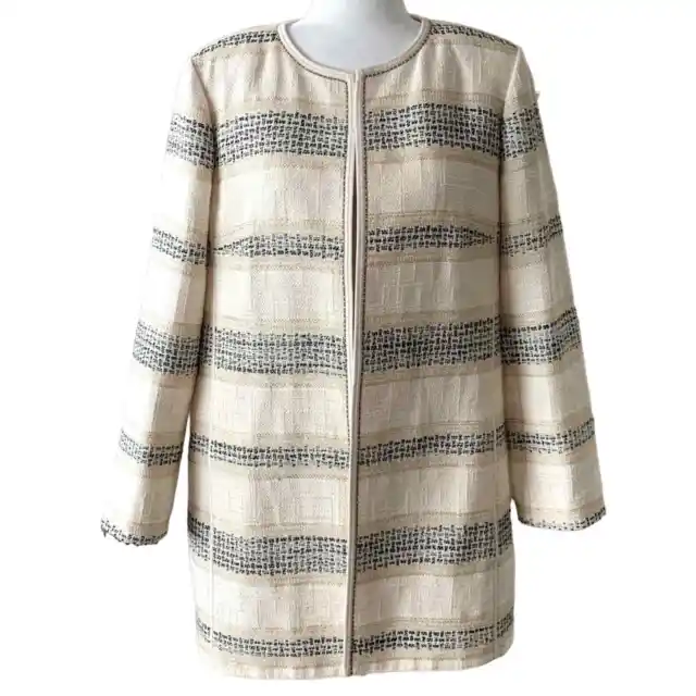 Lafayette 148 New York Cream Gold Jacquard Pria Open Front Jacket Size 14