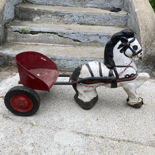 VINTAGE STAMPED STEEL Horse With Cart Pedal Car. Restore Or Great Yard