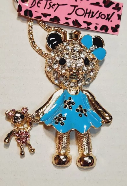 New Betsey Johnson Blue Enamel Bow Crystal Doll Bear Rhinestone Sweater Necklace