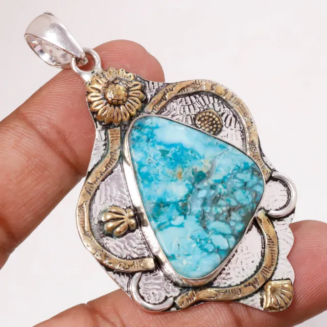 925 Sterling Silver Tibetan Turquoise Natural Gemstone Pendant Jewelry 2.28"