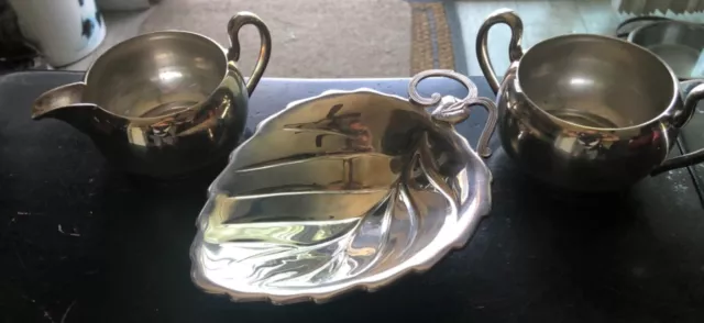 Vintage Silverplate Asco & Flagstaff English Sugar/Creamer Set And Leaf Bowl