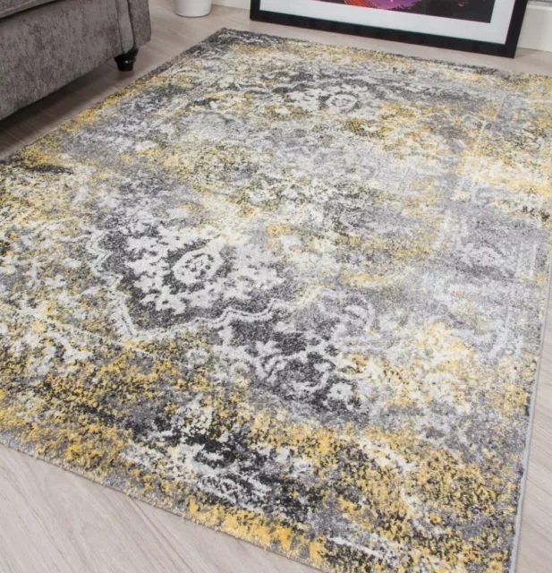 Yellow Grey Lemon Rugs Distressed Look Extra Large Bedroom Floor Under Bed Rug