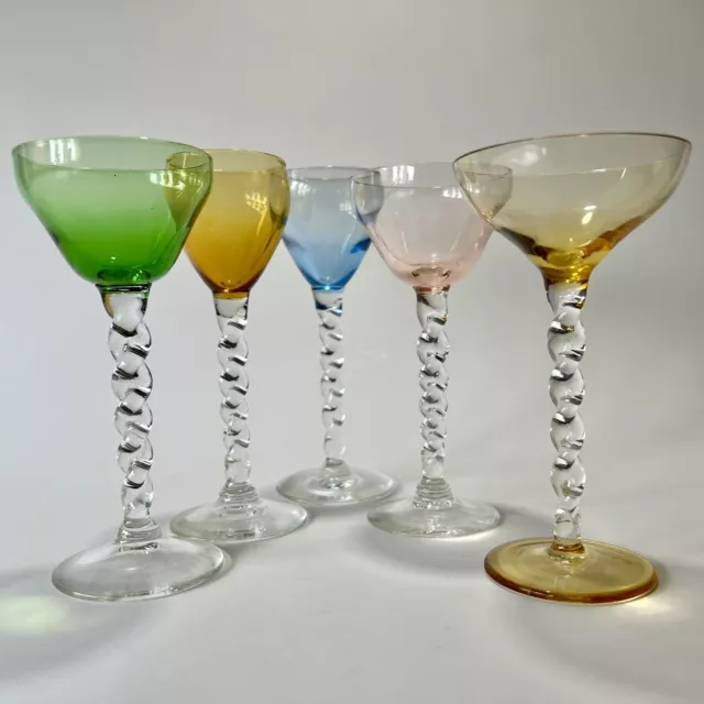 5 Vintage Shot Glasses. Tall Stems.  Cocktail Shot Glasses. Twist Stem. 3