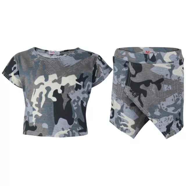 Girls Tops Charcoal Camouflage Crop Top & Skort Skirt Shorts Summer Clothing Set