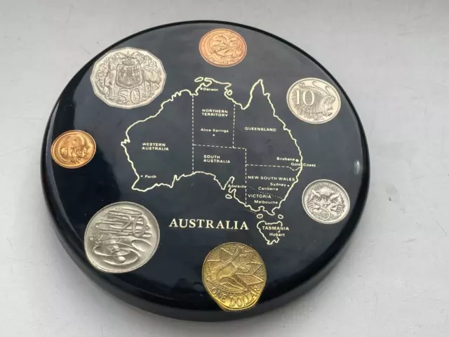 5.25 in Round Clear Lucite Resin  Shell Australia 7 Coins Black Dish