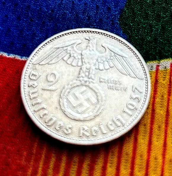 1937 J 2 Mark German Silver WWII Coin 3rd Reich Reichsmark Coin