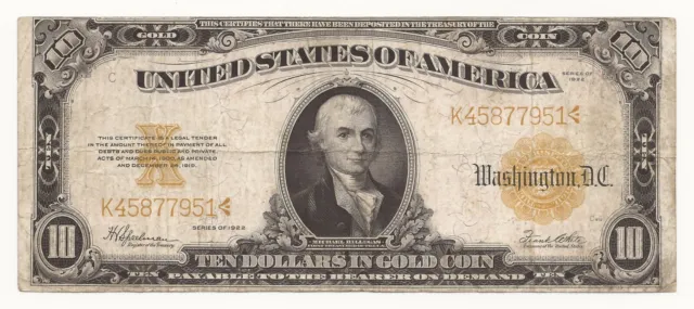 1922 $10 Dollar Bill Gold Certificate Awesome Large Size Note 951-TCMA