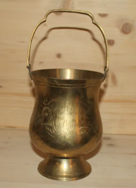 Vintage hand made floral engraved brass basket cooler ice bucket pot
