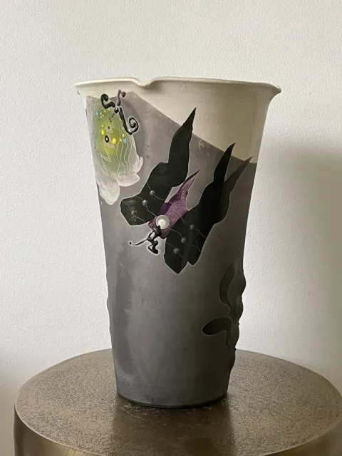 Epic Jamie Davis Studio Art Pottery 1980s Postmodern Raku Ceramic Vase 15” Tall