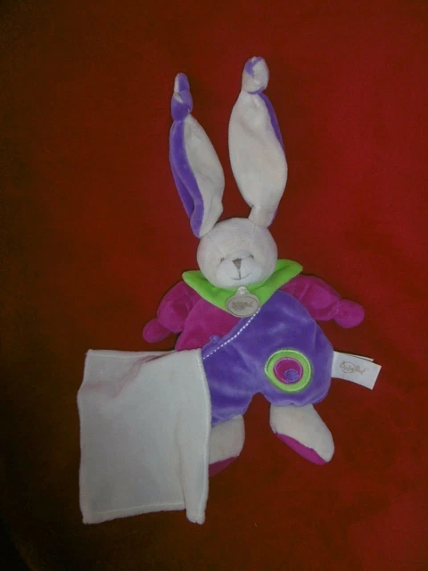 Doudou Peluche Babynat Lapin Beige Violet Fushia Vert Mouchoir Blanc Etat Neuf