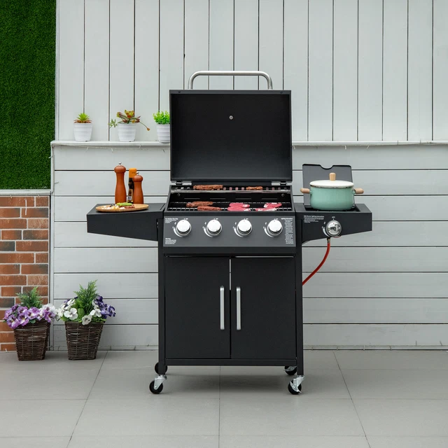 Outsunny Gasgrill BBQ mit 3 Brennern je 3 kw mobiler 4 Rädern Grillnetz Schwarz