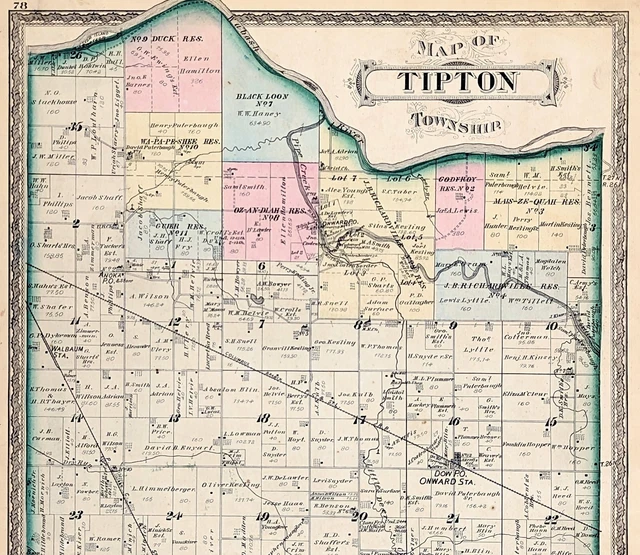 1878 NOBLE LOGANSPORT Tipton Townships Map Indiana Cass County Wallton