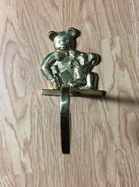 Vintage Solid Brass Teddy Bear Mantel Shelf Long Arm Christmas Stocking Holder
