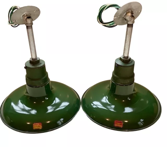 Pair BENJAMIN 14" Cast Iron Top Shallow Porcelain Industrial Green Vintage Light