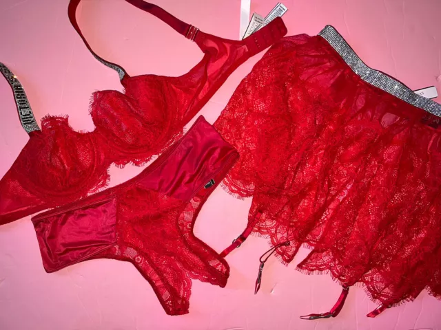 VICTORIA'S SECRET~ MEDIUM 34C NWT Sexy Red Gold Lace Bra Garter Skirt Set  $100.00 - PicClick