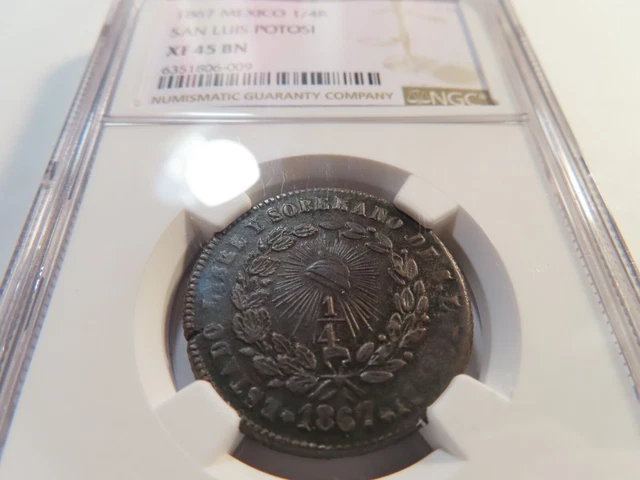 G4 Mexico San Luis Potosi 1867 1/4 Real Cuartillo NGC XF-45 Brown