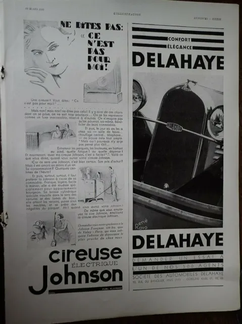 DELAHAYE René RAVO + Cireuse électrique JOHNSON pub papier ILLUSTRATION 1932 col