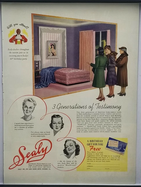 1941 Sealy Mattresses Chicago IL 3 Generations Vintage WWII Era Color Print Ad