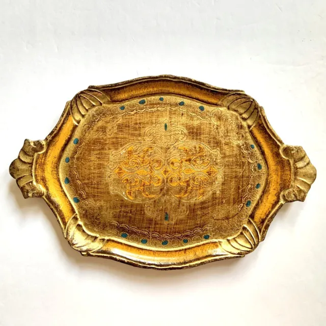 Vintage Florentine Tray Gold Blue Gilt 17.5 X 11.5 Wood 60s MCM Italian Vanity