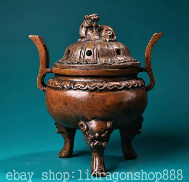 9.2" Marked Chinese Copper Dynasty Lion Beast Double ear censer incense burner