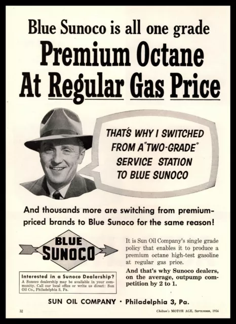 1956 Blue Sunoco Sun Oil Co. Philadelphia PA Premium Octane Gas Vintage Print Ad