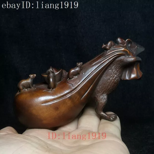 Old Chinese boxwood hand carved wealth bag mouse Statue decoration Gift L 4.8 in 3