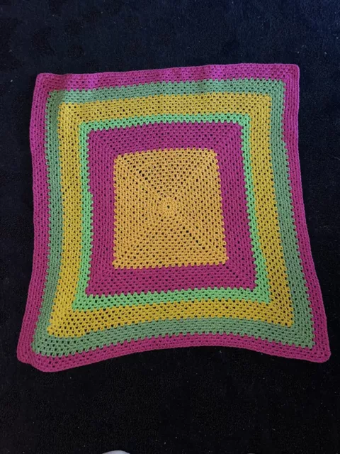 Handmade Vintage Pink Green Yellow Multi Coloured Crochet Blanket Square 36 x 36