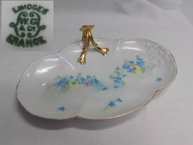Vtg Hand Painted Limoges Tray W Guerin Flower Handle Blue Foget-Me-Nots Oval