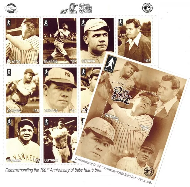 Guyana 1995 - Babe Ruth - Sheet of 12 stamps & Souvenir Sheet - Scott 2915-6 MNH