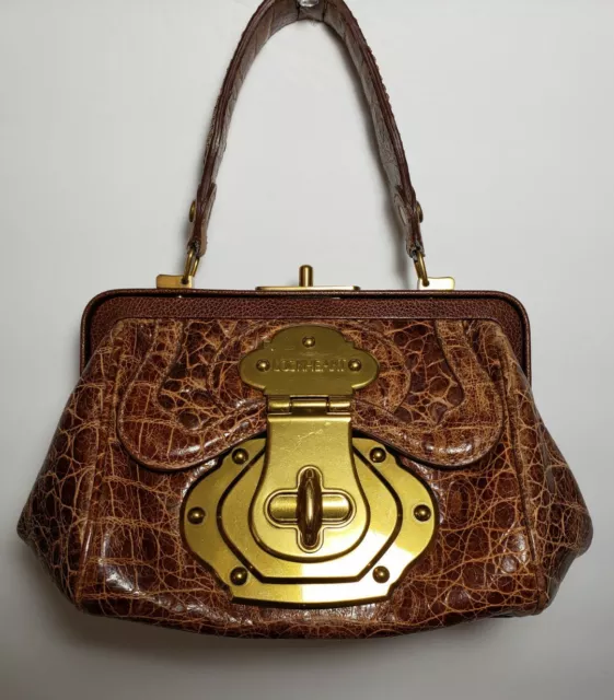 Lockheart Rare Beautiful Mock Crocodile Pushlock Embossed Leather Handbag $595