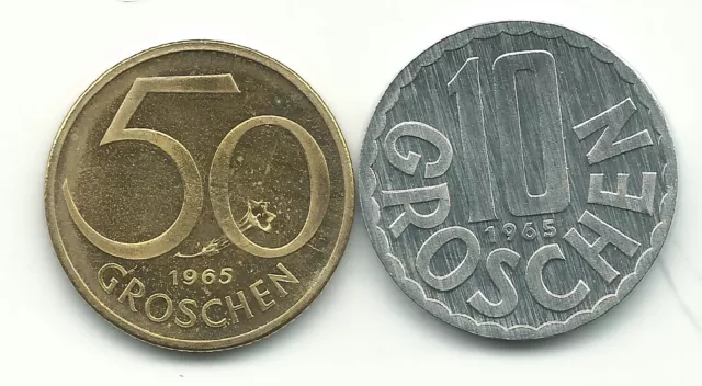 Lot Of 2 High Grade Proof 1965 10 And 50 Groschen Coins-May155