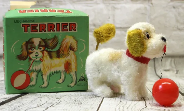 ALPS Toy Co. Mechanical Wind Up TERRIER Twirling Tail Dog BOX Japan Works Video