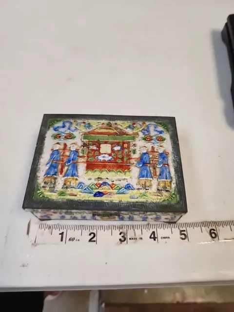 AMAZING RARE DECORATED Antique Chinese Cloisonne Enamel Box Brass Wood 4.5"X3.5"