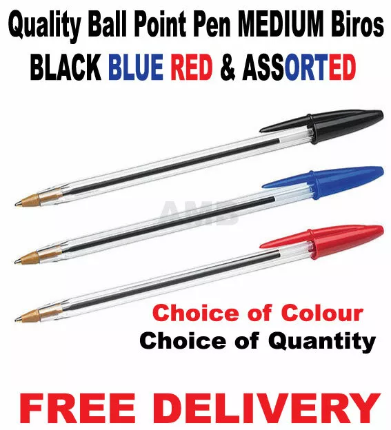 Ball Pens Ball Point Pen MEDIUM Biros BLACK BLUE RED & ASSORTED Ballpoint CHEAP!