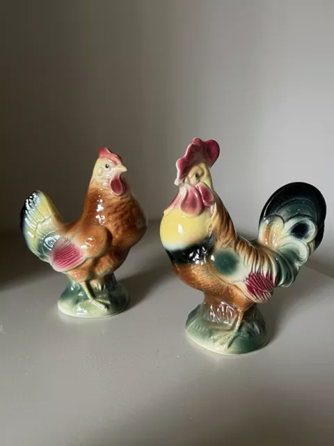 Vintage Royal Copley Rooster and Hen Chicken Pair Figurines - Colorful