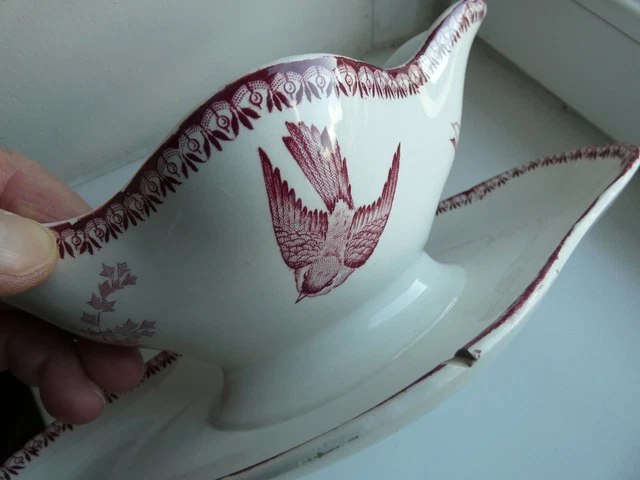 Ancienne saucière Longwy France Mésange Oiseau Fleur. Déco Vintage.