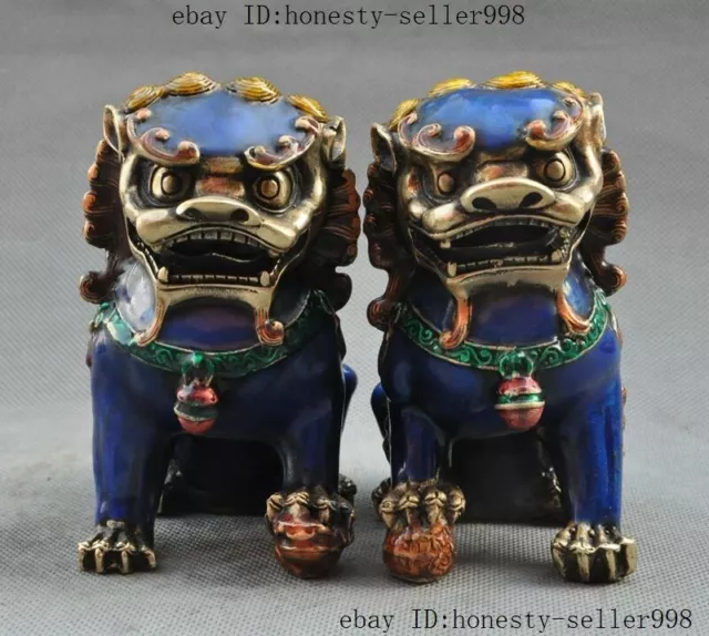 Old Chinese Fengshui bronze Cloisonne Guardion Foo Fu Dog Lion beast statue pair