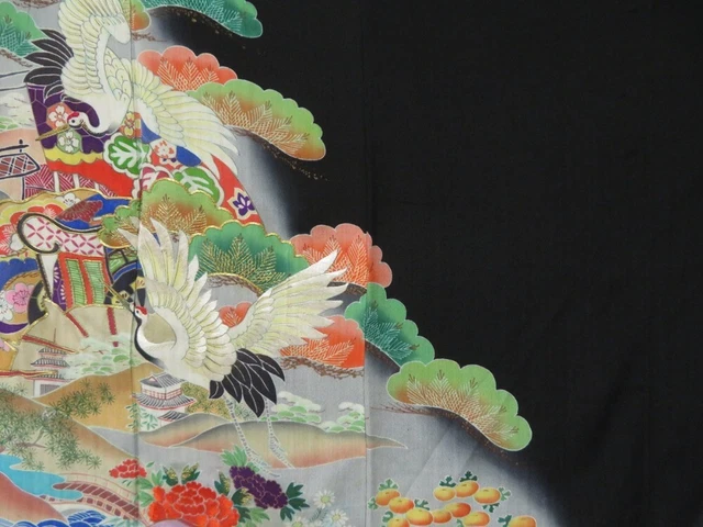 2213T03z720 Antique Japanese Kimono Silk TOMESODE Crane Black 7