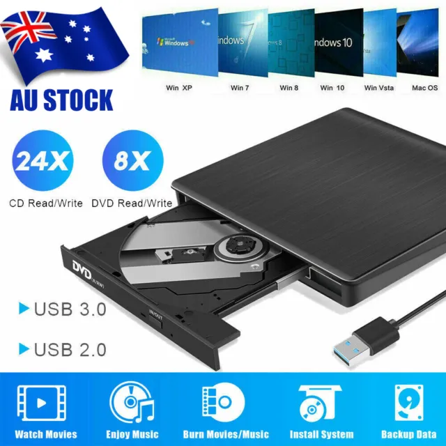USB External Burner Player Drive PC Laptop CD RW DVD ROM Writer for Mac Windows