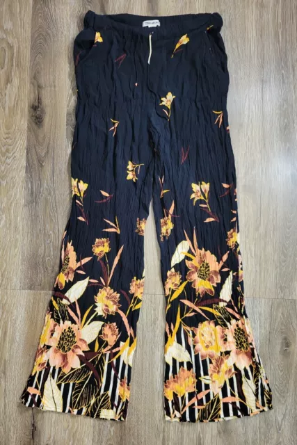 Billabong Sz M Black Floral Print Women's Pants Shear Slit Leg Beach Crepe