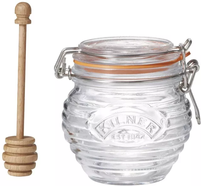 Kilner Glass 0.4L Honey Pot With Beech Wood Dipper Clip Top Jar Storage Kitchen