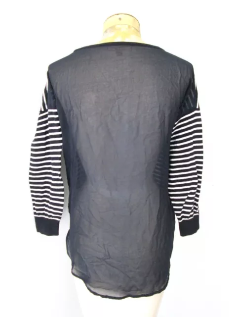 Philosophy black white stripe high-low knit top sheer chiffon back boutique S 3