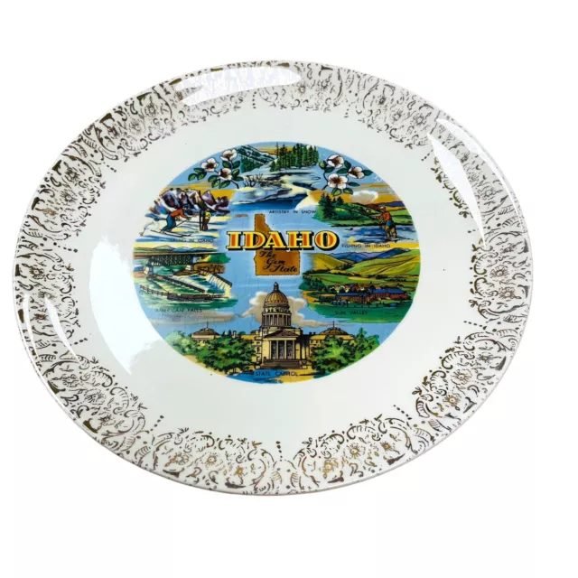 Vintage Idaho Souvenir Plate The Gem State 1970s Sun Valley Skiing Fishing 9” 2