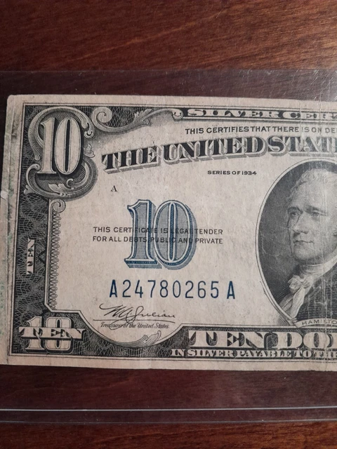 1934-A 10 Dollar Silver Certificate  Blue Seal Note #A24780265A In Holder 6