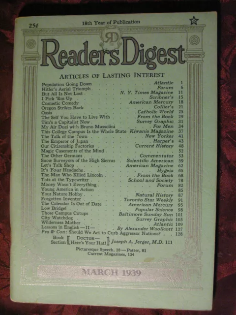 Readers Digest March 1939 John Gunther Ruth Gordon Aldous Huxley Bergen Evans