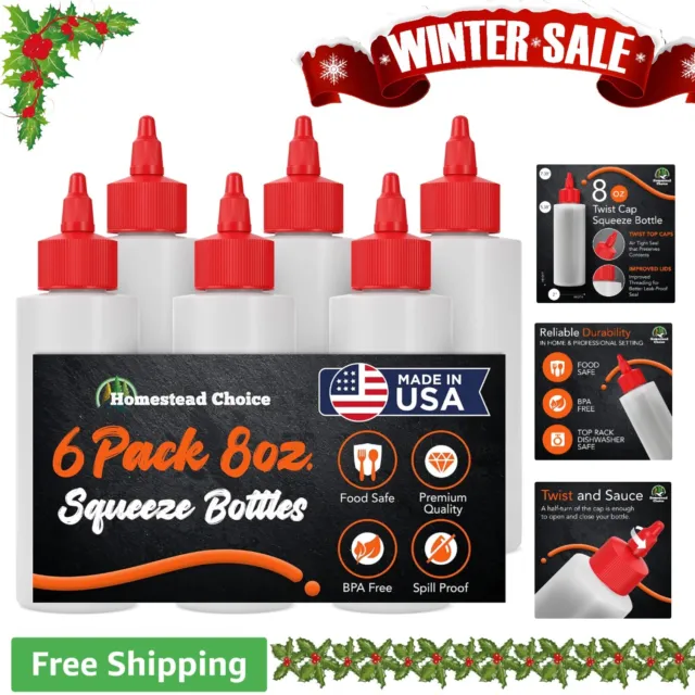 6-Pack 8oz Plastic Squeeze Bottles - BPA Free - Twist Cap - Reusable