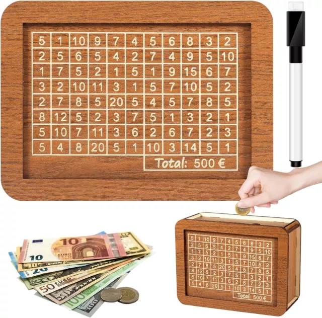 Qetlavee Spardose aus Holz bis 500 Euro, Sparbox Mit Sparziel, Retro Sparbüchse